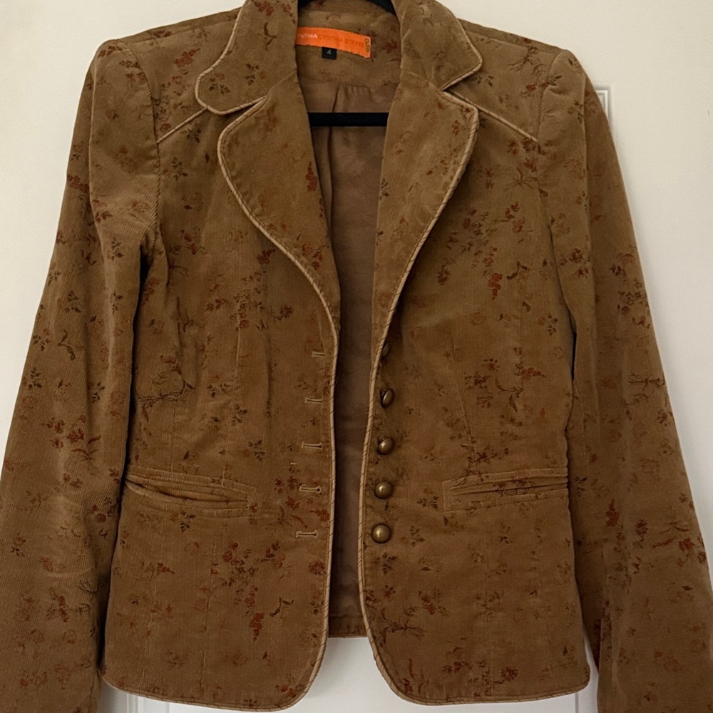 Vintage Cynthia Steffe Tan Floral Corduroy Blazer Pockets Brass Buttons Sz 4